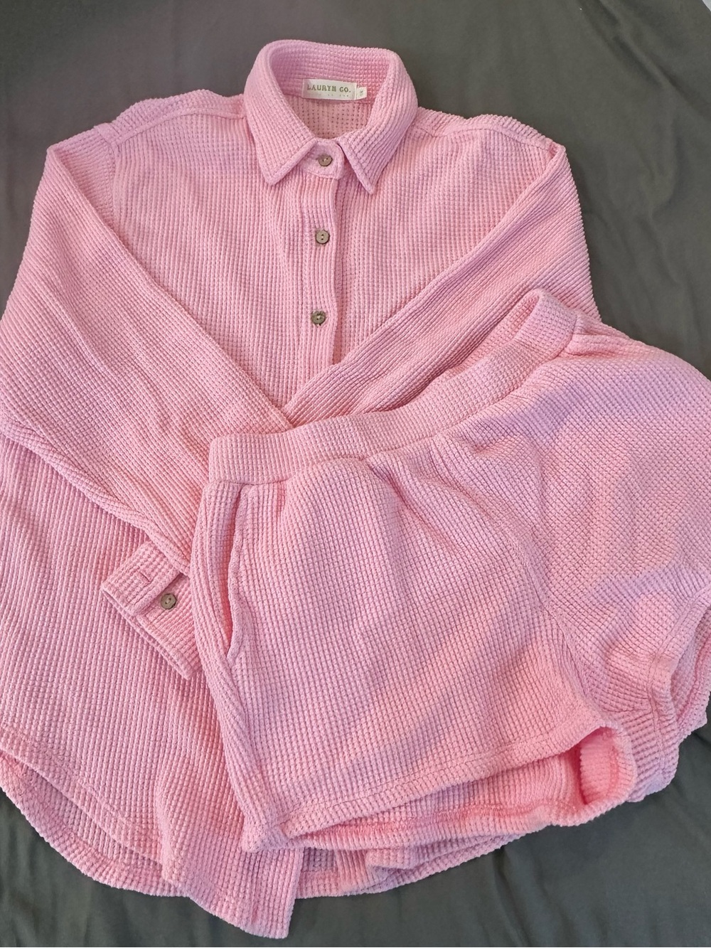 LAURYN CO cozy Pink Waffle Knit Shirt & Shorts Set